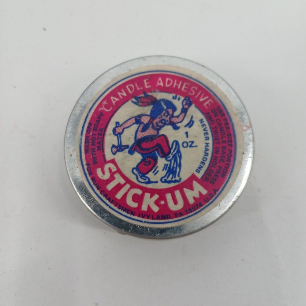 Vintage Stick-Um Round Metal Graphic tin candle adhesive Novelty Collectible
